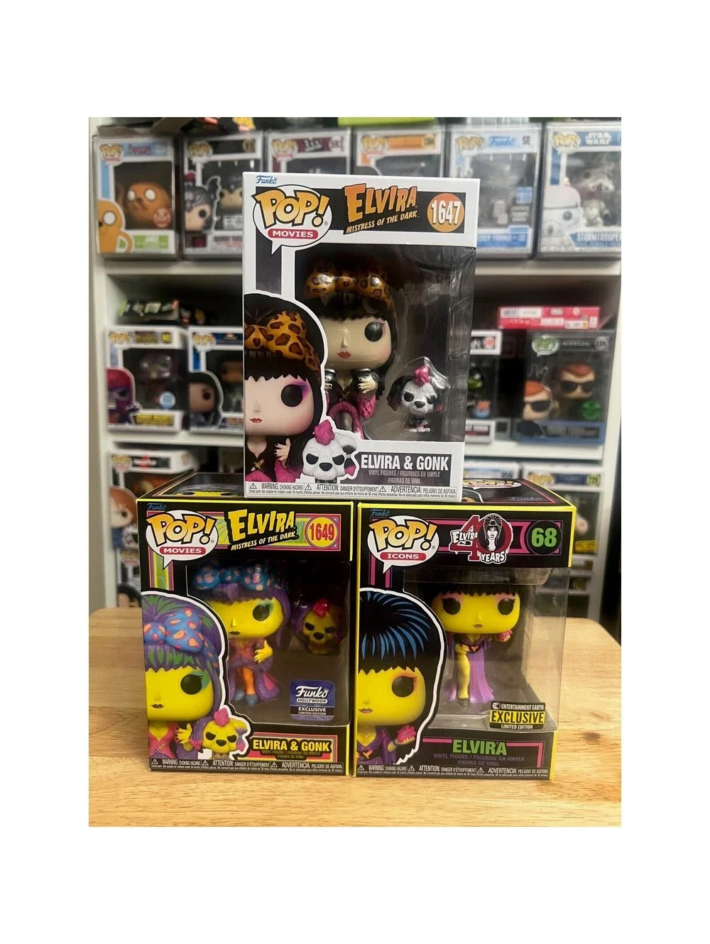 3 Elvira Mistress of Dark Funko Pops HOLLYWOOD EXCLUSIVE Blacklight Gonk 1649 68